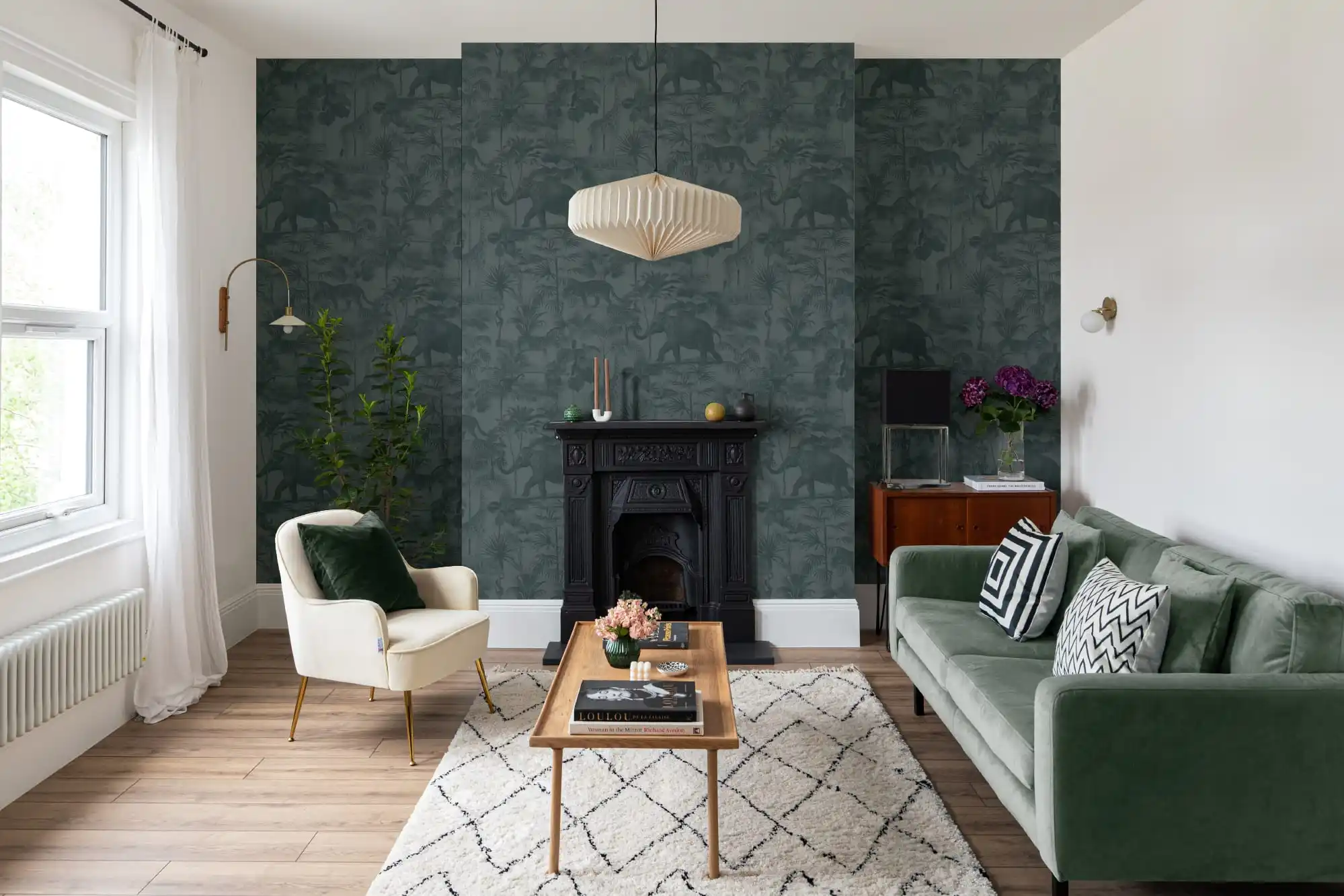 Residential wallpaper installation in a modern living room