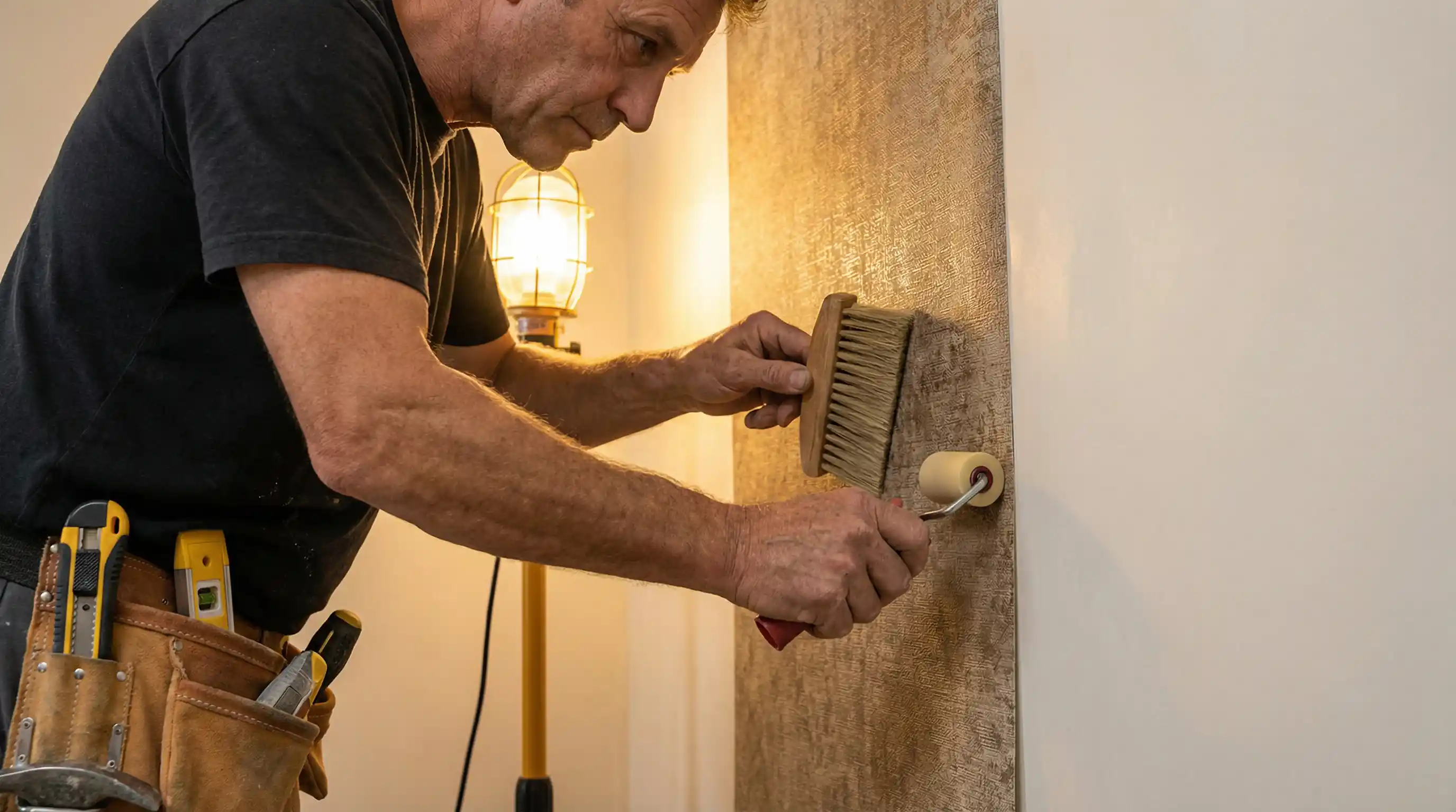 Wallpaper installer applying premium wall covering in a Los Angeles home